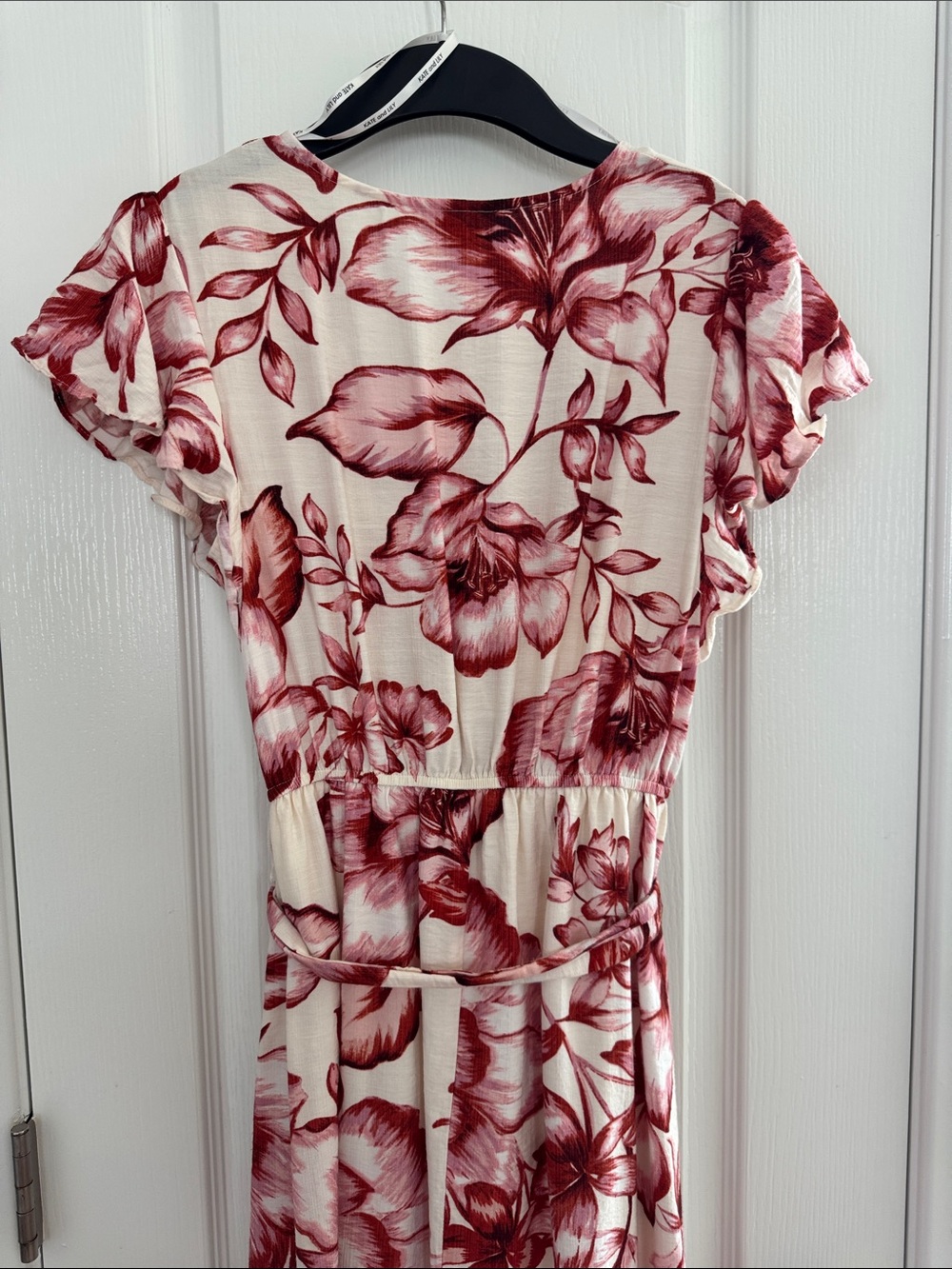 Floral Faux Wrap High-Low Dress in Cream and Burgundy - Picture 6 of 6